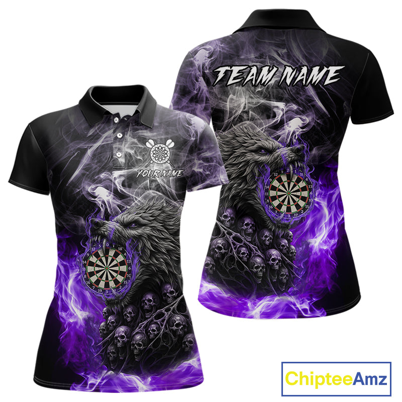 Personalized Wolf And Skull Smoke Purple Womens Dart Shirts Custom Dart Jerseys Team Polo & 1/4 Zip TDM5184