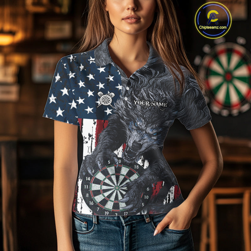 Personalized Grunge American Flag Wolf Darts Shirt For Women, Patriotic Dart Team Jerseys TDM5187