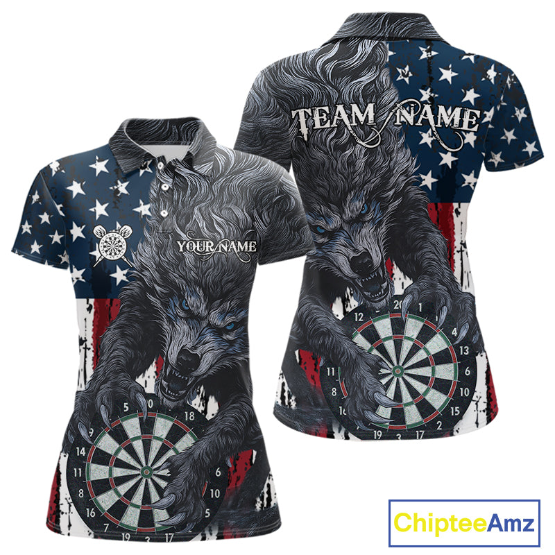 Personalized Grunge American Flag Wolf Darts Shirt For Women, Patriotic Dart Team Jerseys TDM5187
