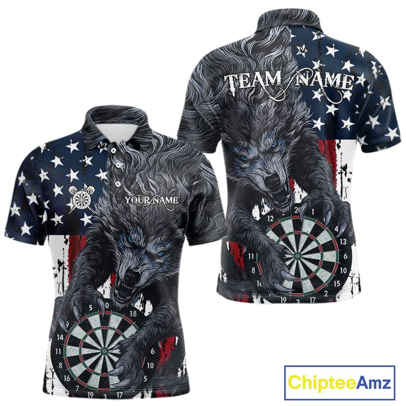 Personalized Grunge American Flag Wolf Darts Shirt For Men, Patriotic Dart Team Jerseys TDM5187
