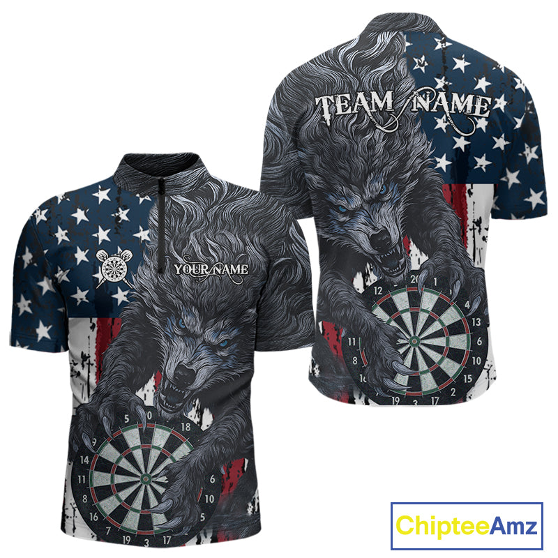 Personalized Grunge American Flag Wolf Darts Shirt For Men, Patriotic Dart Team Jerseys TDM5187