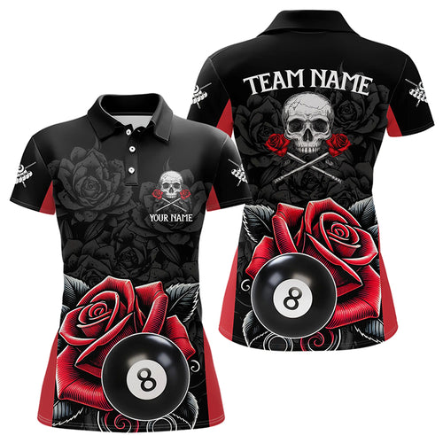 Black And Red 8 Ball Pool And Roses Custom Skull Billiard Shirts For Women, Unique Billiard Jerseys TDM3204