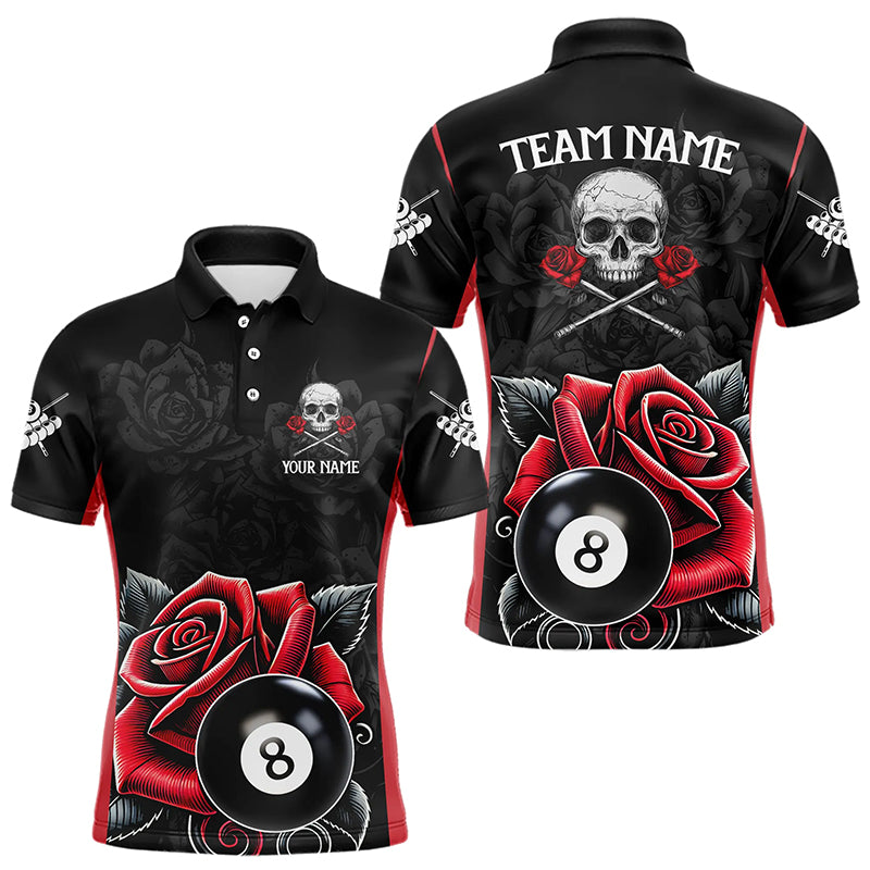 Black And Red 8 Ball Pool And Roses Custom Skull Billiard Shirts For Men, Unique Billiard Jerseys TDM3204