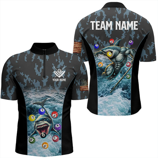 Blue Pool Ball Wave Ocean Custom Shark Billiard Polo & Quarter Zip For Men Billiard League Jerseys TDM3208
