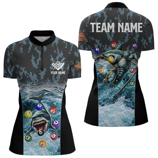 Blue Pool Ball Wave Ocean Custom Shark Billiard Polo & Quarter Zip For Women Billiard League Jerseys TDM3208