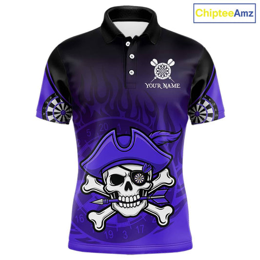 Black Purple Funny Pirate Flame Skull Darts Shirt For Men Custom Dart Jerseys Team Polo & 1/4 Zip TDM5704