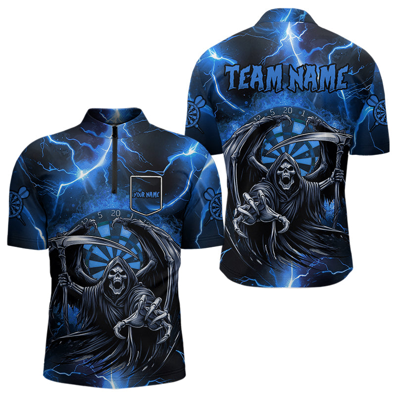 Personalized Blue Grim Reaper Custom Thunder Lightning Men Dart Shirts, 3D Darts Team Jerseys TDM3551