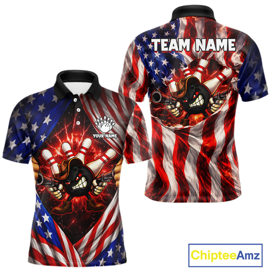 Glowing American Flag Funny Bowling Shirt For Men Custom Patriotic Bowling Jersey Polo & 1/4 Zip TDM6319