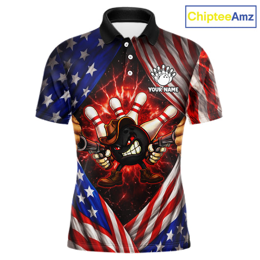 Glowing American Flag Funny Bowling Shirt For Men Custom Patriotic Bowling Jersey Polo & 1/4 Zip TDM6319