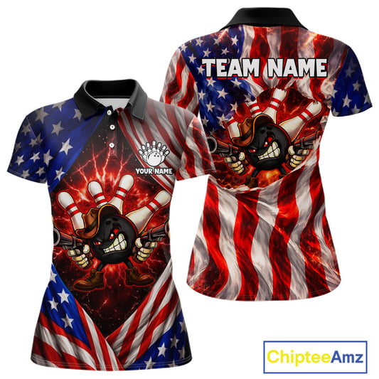 Glowing American Flag Funny Bowling Shirt For Women Custom Patriotic Bowling Jersey Polo & 1/4 Zip TDM6319