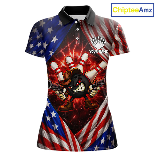 Glowing American Flag Funny Bowling Shirt For Women Custom Patriotic Bowling Jersey Polo & 1/4 Zip TDM6319