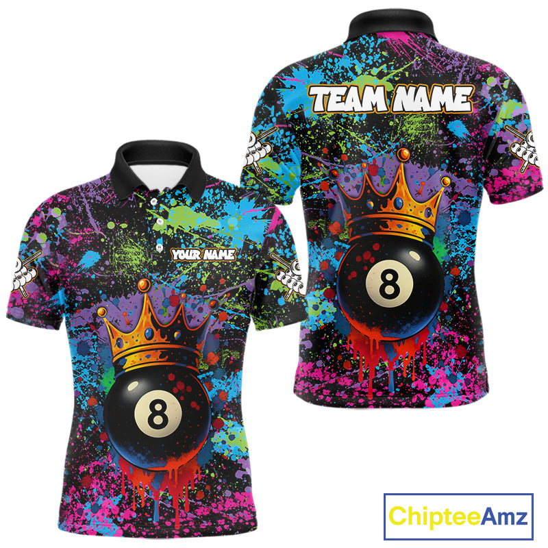 Funny 8 Ball Crown Colorful Paint Splash Custom Billiard Shirt For Men, Billiard Team Jerseys TDM3982