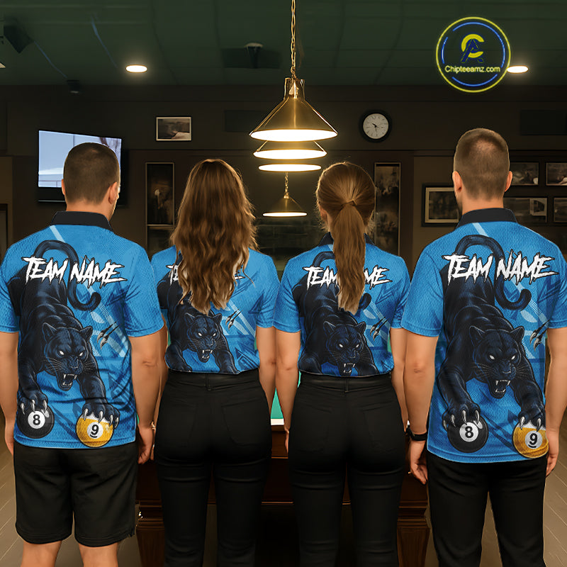 Custom Blue 8 Ball & 9 Ball Panther Billiard Shirt For Men, Billiard Team Jersey Polo & 1/4 Zip TDM6494