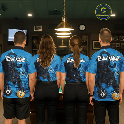 Custom Blue 8 Ball & 9 Ball Panther Billiard Shirt For Men, Billiard Team Jersey Polo & 1/4 Zip TDM6494