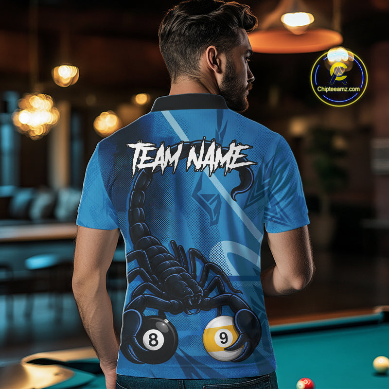 Custom Blue 8 Ball & 9 Ball Scorpion Billiard Shirt For Men, Billiard Team Jersey Polo & 1/4 Zip TDM6495