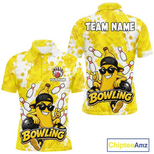 Funny yellow banana bowling polo shirt for men with custom bowling team graphics.