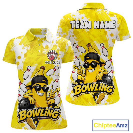Funny yellow banana bowling polo shirt for women with custom bowling team graphics.