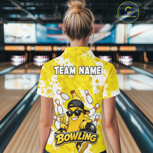 Load image into Gallery viewer, Back view of woman wearing a funny yellow banana bowling polo shirt inside a bowling alley.