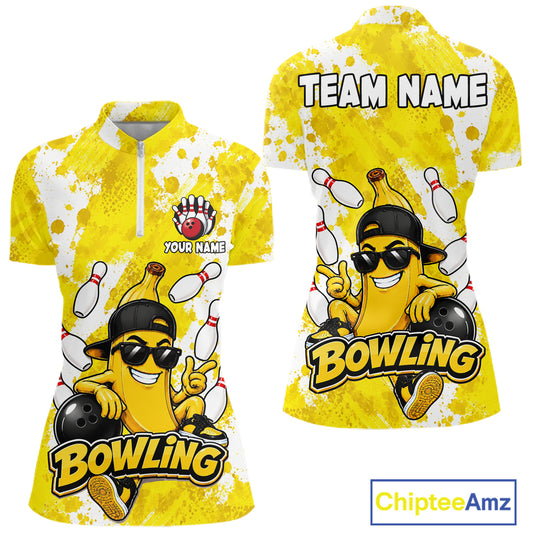Funny yellow banana bowling quarter zip shirt for women designed for league tournaments and team events.