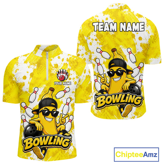 Funny yellow banana bowling quarter zip shirt for men designed for league tournaments and team events.