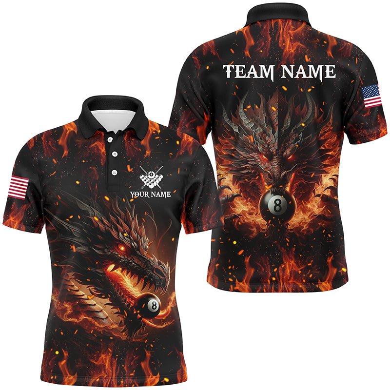 Personalized Dragon 8 Ball Pool Fire Flame Men Polo & Quarter-Zip Shirts, Unique Billiard Attire TDM2008