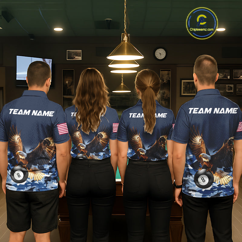 Billiard team wearing matching blue camo eagle 8 ball pool team jerseys featuring camouflage eagle graphics, back view.