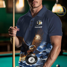 Load image into Gallery viewer, Man wearing blue camo eagle 8 ball and 9 ball pool billiard team jersey polo shirt featuring blue camouflage eagle artwork, front view.