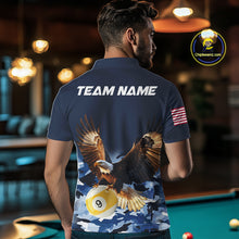 Load image into Gallery viewer, Man wearing blue camo eagle 8 ball and 9 ball pool billiard team jersey polo shirt featuring blue camouflage eagle artwork, back view.