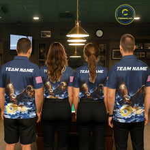 Load image into Gallery viewer, Billiard team wearing matching blue camo eagle 8 ball and 9 ball pool team jerseys featuring camouflage eagle graphics, back view.