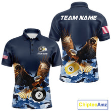 Load image into Gallery viewer, Blue camo eagle 8 ball and 9 ball pool billiard team jersey polo shirt for men featuring blue camouflage artwork with a powerful eagle, premium custom pool league apparel for tournaments and team competition.