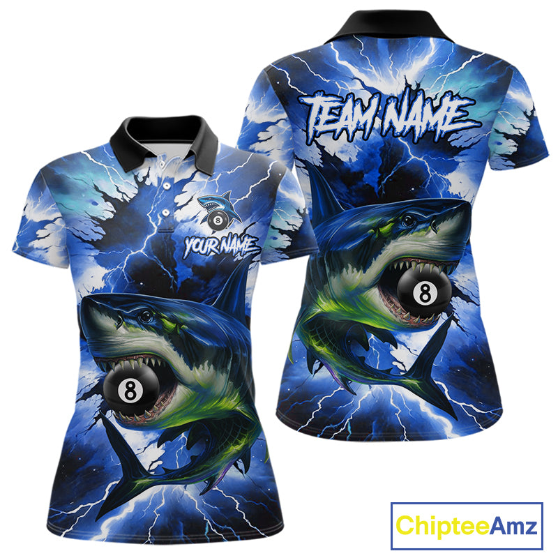 Thunder Lightning Storm Custom Shark Billiard Shirt For Women, 8 Ball Pool Billiard Team Jersey|Blue TDM4571