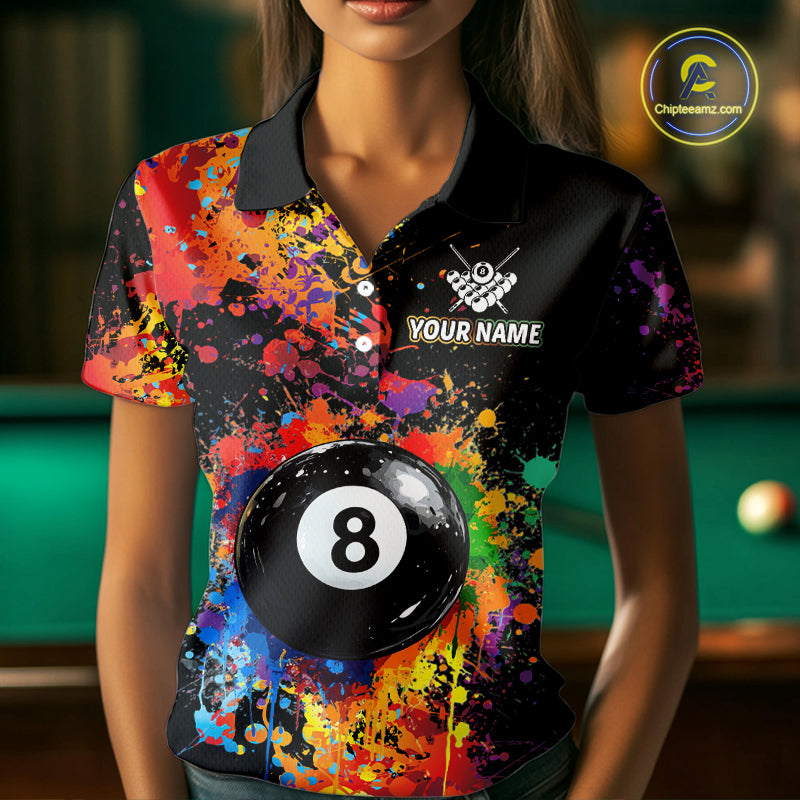 Colorful Billiard Jersey Polo & 1/4 Zip For Women Custom Funny 8 Ball Pool Billiard Team Jersey TDM4575