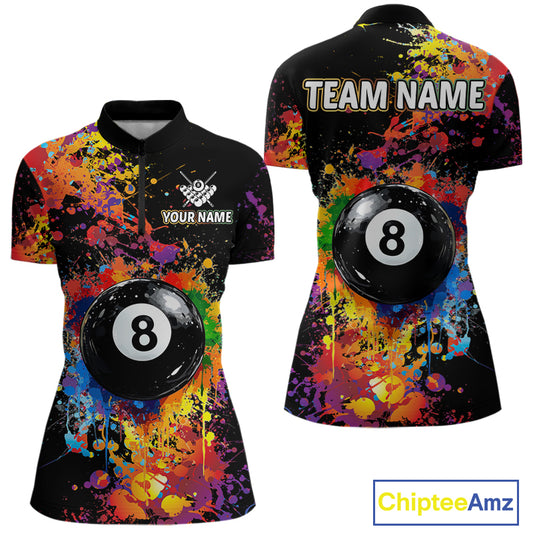 Colorful Billiard Jersey Polo & 1/4 Zip For Women Custom Funny 8 Ball Pool Billiard Team Jersey TDM4575