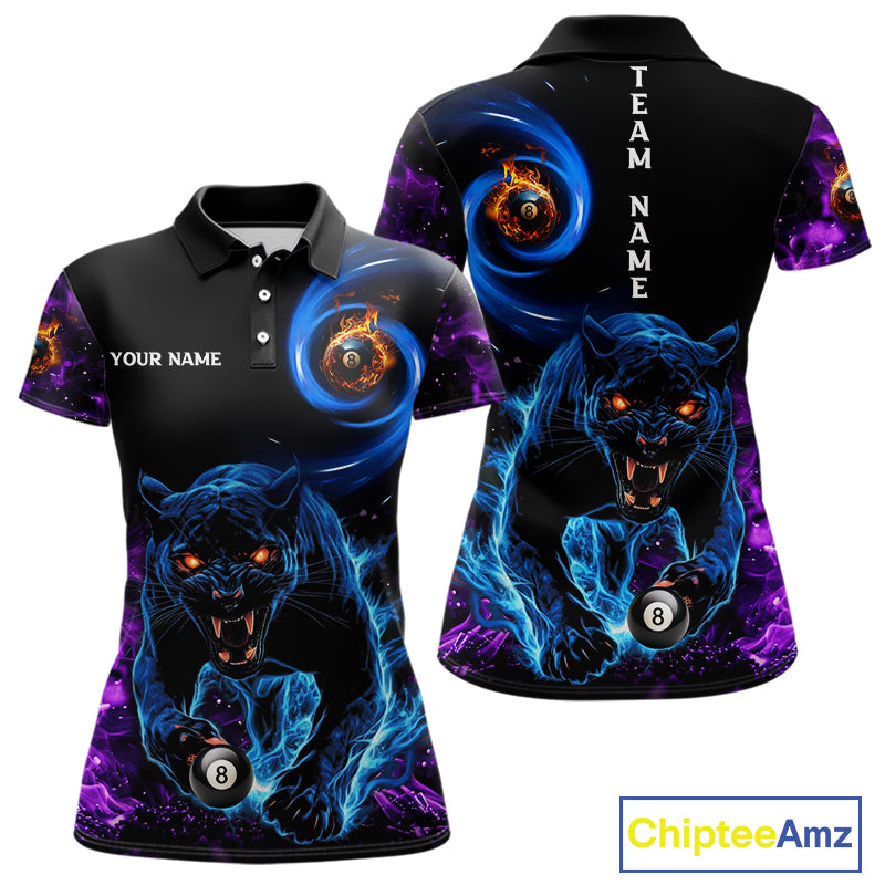 Personalized Blue Purple  Flaming 3D Panther Billiard Shirts For Women, Cool Team Billiard Jerseys TDM5196