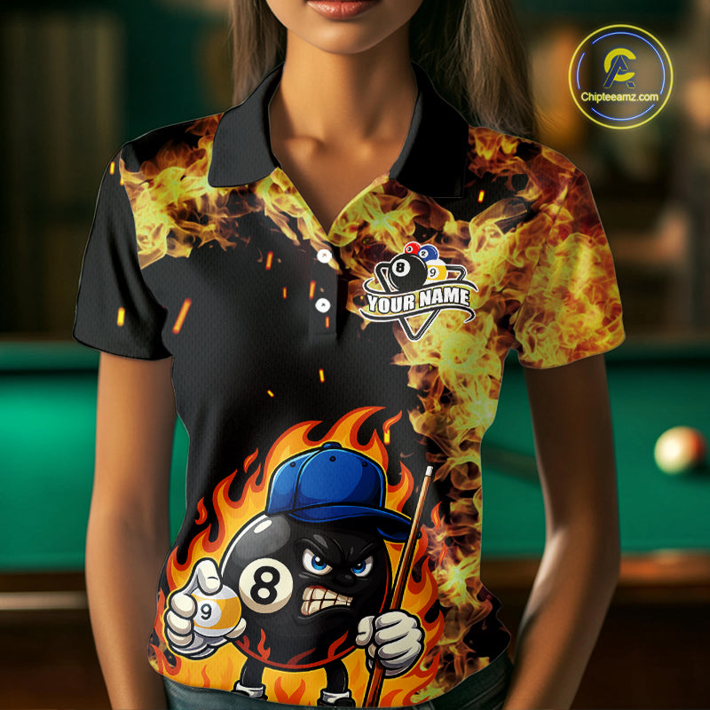 Personalized Billiard Flame Funny 8 Ball Pool Polo & 1/4 Zip For Women Custom Billiard Team Jersey TDM5201