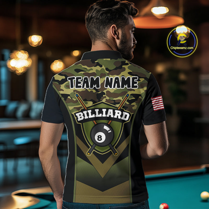 Personalized Green Camo 8 Ball Pool Billiard Shirt For Men, Billiard Team Jersey Polo & 1/4 Zip TDM6076