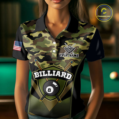 Personalized Green Camo 8 Ball Pool Billiard Shirt For Women, Billiard Team Jersey Polo & 1/4 Zip TDM6076