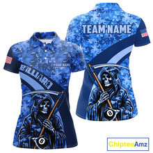 Load image into Gallery viewer, Personalized Death Skeleton Blue Camo Billiard Shirts For Women Custom Military Billiard Jerseys TDM3985