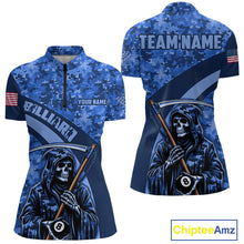 Load image into Gallery viewer, Personalized Death Skeleton Blue Camo Billiard Shirts For Women Custom Military Billiard Jerseys TDM3985