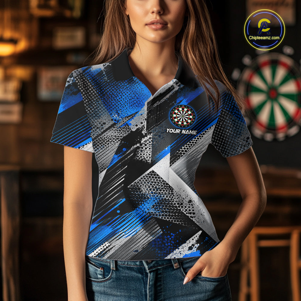 Personalized Blue Geometric Grunge Darts Shirt For Women Custom Darts Team Jersey Polo & 1/4 Zip TDM6507