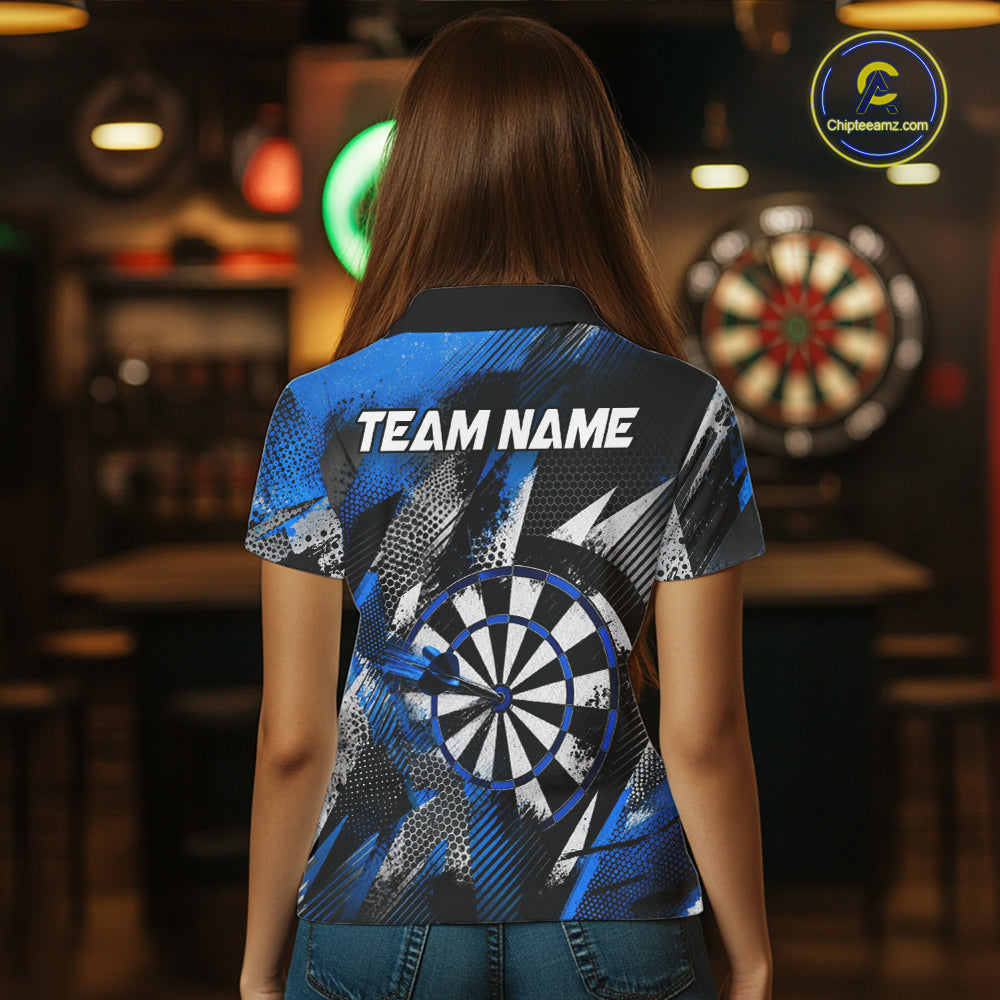Personalized Blue Geometric Grunge Darts Shirt For Women Custom Darts Team Jersey Polo & 1/4 Zip TDM6507