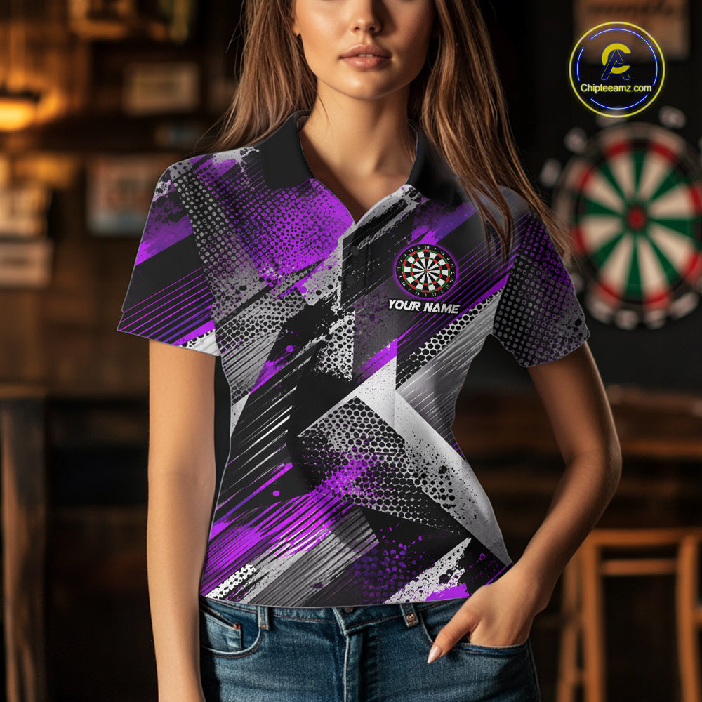 Personalized Purple Geometric Grunge Darts Shirt For Women Custom Darts Team Jersey Polo & 1/4 Zip TDM6509
