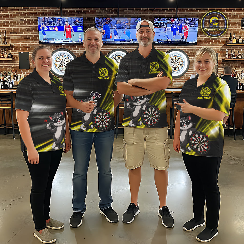 Custom Black And Yellow Funny Cat Darts Shirt For Women, Darts Jersey Polo & 1/4 Zip, Darts Gifts TDM6510
