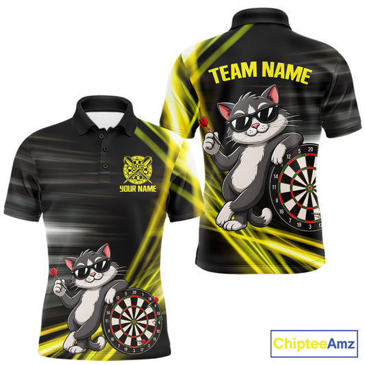 Custom Black And Yellow Funny Cat Darts Shirt For Men, Darts Jersey Polo & 1/4 Zip, Darts Gifts TDM6510