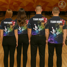 Load image into Gallery viewer, Bowling team wearing matching colorful rainbow thunder lightning bowling team jerseys featuring vivid lightning graphics, back view.