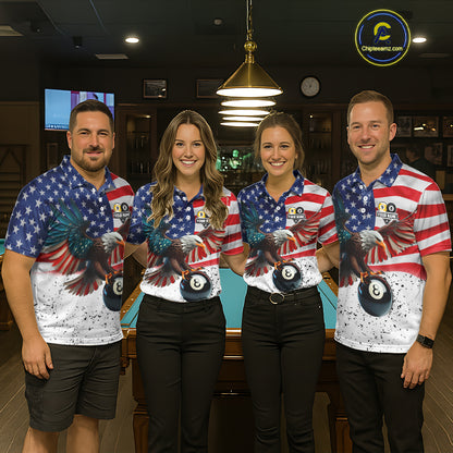 Custom Grunge American Flag Eagle 8 Ball 9 Ball Billiard Shirts For Women, Patriotic Pool Team Jersey TDM7245