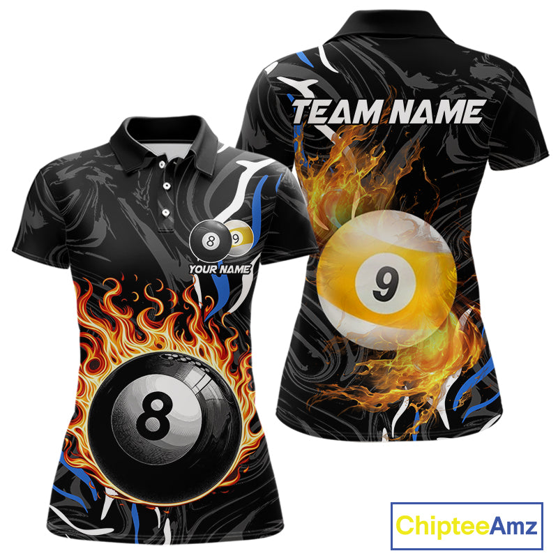 Personalized 8 Ball & 9 Ball Fire Flame Women Billiard Shirt, Billiard Jersey For Team Pooler |Blue TDM5209