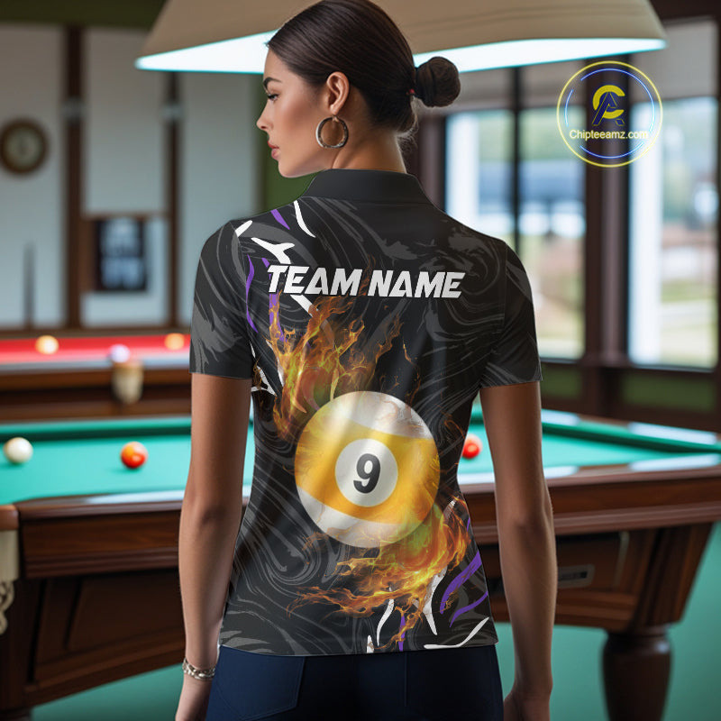 Personalized 8 Ball & 9 Ball Fire Flame Women Billiard Shirt, Billiard Jersey For Team Pooler|Purple TDM5210