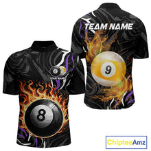 Load image into Gallery viewer, Personalized 8 Ball &amp; 9 Ball Fire Flame Men Billiard Shirt, Billiard Jersey For Team Pooler|Purple TDM5210