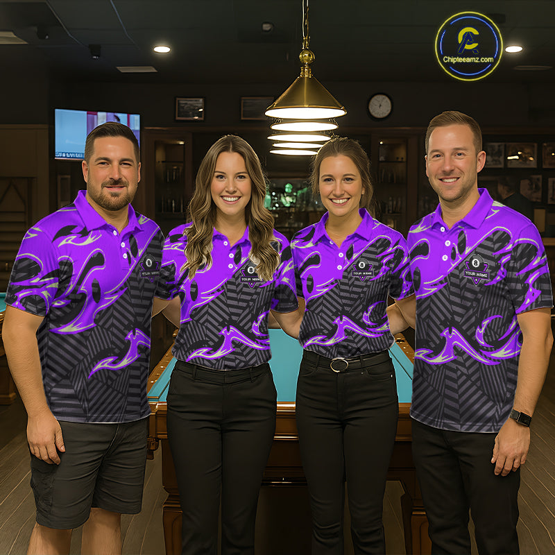Custom Black Purple 8 Ball Tribal Flame Billiard Shirt For Men, Pool Team Jersey Polo & 1/4 Zip TDM5723